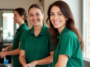 L’équipe de PropreMaison Paris en train de nettoyer un salon à Marseille, souriante et professionnelle, portant l’uniforme vert