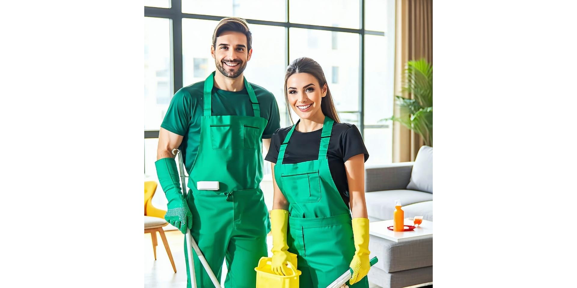 Appartement lumineux propre avec équipe de nettoyage souriante en uniforme vert